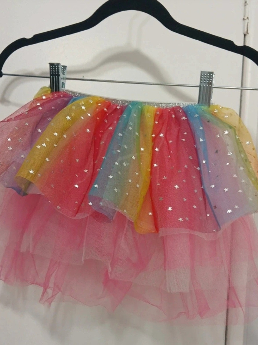 Source Unknown Rainbow Tulle Skirt with Silver Stars and Pink Underskirt